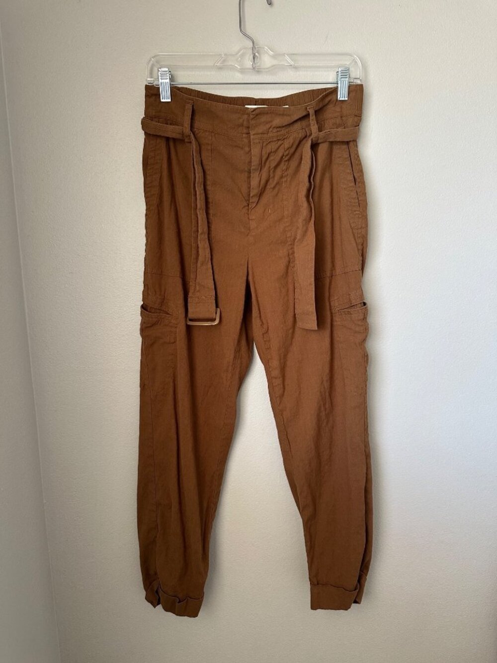 Vince Womens Brown Linen-Blend High Rise Belted Pants Airy Minimalist M